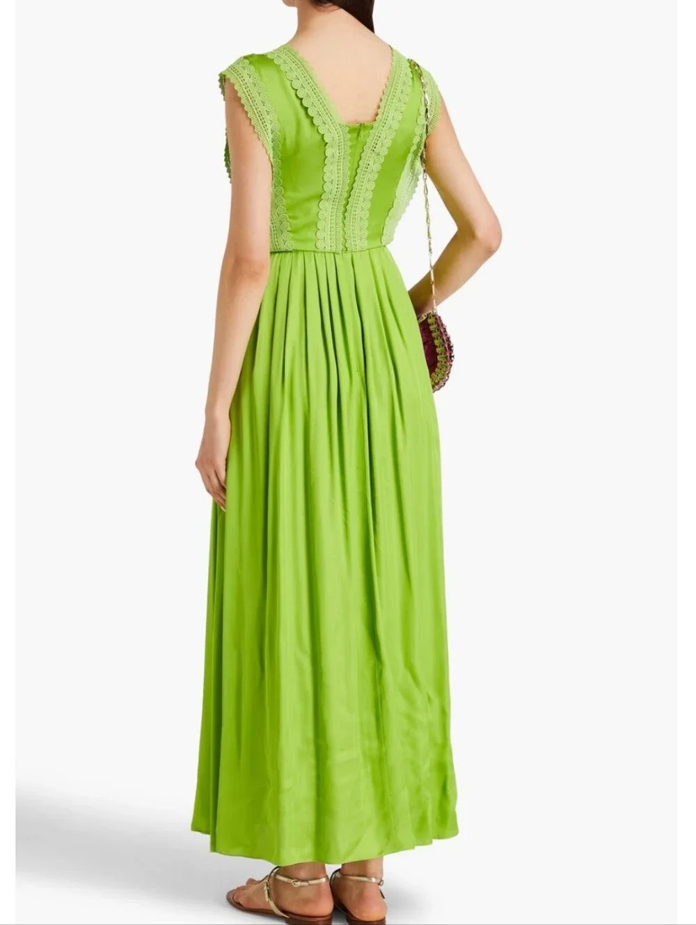 DIANE VON FURSTENBERG Margot Pleated Satin Maxi Dress In Chartreuse Size 6 - Picture 3 of 16